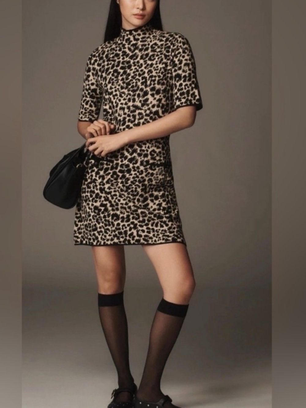 Anthropologie Maeve Annalise‎ Mock Neck Knit Dress Leopard